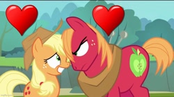 Size: 888x499 | Tagged: safe, edit, edited screencap, imported from derpibooru, screencap, applejack, big macintosh, pinkie apple pie, applecest, applemac, brother and sister, female, heart, imgflip, incest, male, shipping, siblings, straight