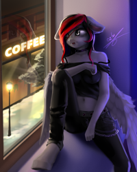 Size: 2000x2500 | Tagged: safe, artist:thatdreamerarts, imported from derpibooru, oc, oc only, oc:burning shadow, anthro, pegasus, unguligrade anthro, vampire, belly button, bra, bra strap, chains, choker, clothes, coffee, female, floppy ears, jeans, light post, looking out the window, multiple variants, night, off shoulder, pants, slit pupils, slitted eyes, solo, underwear, window, wings