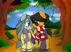 Size: 800x587 | Tagged: safe, artist:a.s.e, imported from derpibooru, marble pie, oc, oc:a.s.e, earth pony, pony, blushing, canon x oc, clothes, couple, duo, female, flower, heart, heart pony, hearts and hooves day, holiday, male, scarf, shipping, smiling, special somepony, tree, valentine's day