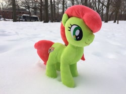 Size: 3264x2448 | Tagged: safe, artist:topsangtheman, imported from derpibooru, peachy sweet, earth pony, pony, apple family member, irl, park, photo, plushie, snow, solo