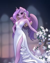 Size: 1638x2048 | Tagged: safe, artist:katputze, imported from derpibooru, princess cadance, queen chrysalis, alicorn, anthro, a canterlot wedding, absolute cleavage, armpits, beautiful, blushing, breasts, cleavage, clothes, disguise, disguised changeling, dress, ear piercing, earring, fake cadance, female, horn, jewelry, piercing, reasonably sized breasts, side slit, solo, white rose, wings