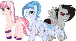 Size: 3521x1918 | Tagged: safe, artist:lincolnbrewsterfan, derpibooru exclusive, imported from derpibooru, oc, oc only, oc:artic trek, oc:cyber-dark, oc:pastel stars, cyborg, earth pony, fox, fox pony, hybrid, original species, pegasus, pony, cyber-questria, .svg available, black sclera, colored sclera, female, kitsune, kitsune pony, mare, markings, multicolored hair, scar, simple background, svg, transparent background, vector