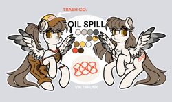 Size: 1700x1010 | Tagged: safe, artist:viktiipunk, imported from derpibooru, oc, oc only, pegasus, pony, clothes, female, hat, mare, oil spill, overalls, ponytail, solo
