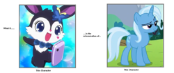 Size: 1109x470 | Tagged: safe, artist:mega-poneo, edit, edited screencap, imported from derpibooru, screencap, trixie, pony, rabbit, unicorn, no second prances, animal, cellphone, crossover, female, jewelpet, luea, mare, meme, phone, reincarnation, smartphone