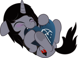 Size: 5000x3718 | Tagged: safe, artist:jhayarr23, imported from derpibooru, pony, unicorn, blushing, commission, cute, disguise, disguised siren, eyes closed, fangs, happy, heart, horn, implied gay, implied shipping, kellin quinn, lying down, male, on back, pillow, simple background, sleeping with sirens, stallion, transparent background, underhoof, vector, ych result