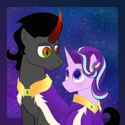 Size: 900x900 | Tagged: safe, artist:enigmadoodles, imported from derpibooru, king sombra, starlight glimmer, pony, unicorn, female, looking at each other, male, mare, shipping, stallion, starlightsombra, straight