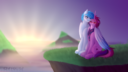 Size: 3840x2160 | Tagged: safe, artist:sparkie45, imported from derpibooru, oc, oc only, oc:jona, oc:sparkie, pegasus, pony, clothes, female, hug, male, mare, scarf, stallion, sunrise, winghug, wings