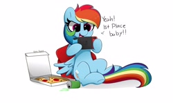 Size: 4096x2439 | Tagged: safe, artist:kittyrosie, imported from derpibooru, rainbow dash, pegasus, pony, backwards cutie mark, can, cute, dashabetes, food, gamer dash, nintendo switch, open mouth, pizza, simple background, sitting, soda, solo, that pony sure does love pizza, white background