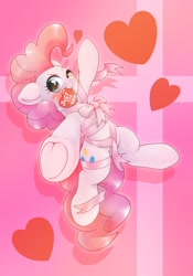 Size: 1430x2048 | Tagged: safe, artist:kurogewapony, imported from derpibooru, pinkie pie, earth pony, pony, blushing, female, hearts and hooves day, holiday, looking at you, mare, mouth hold, smiling, solo, underhoof, valentine's day