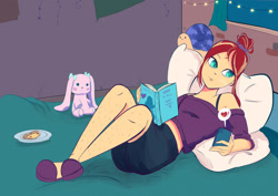 Size: 1024x724 | Tagged: dead source, safe, artist:pettypop, imported from derpibooru, sunset shimmer, human, equestria girls, bed, bedroom, book, cellphone, clothes, female, food, hair bun, hairy legs, implied lesbian, implied scitwishimmer, implied shipping, lying down, on back, on bed, phone, pillow, pizza, plushie, reading, relaxing, scrunchie, shirt, shorts, shoulderless, slippers, solo, sunset's apartment