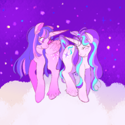 Size: 2048x2048 | Tagged: safe, artist:sweetsuds, imported from derpibooru, starlight glimmer, twilight sparkle, alicorn, pony, unicorn, female, lesbian, shipping, smiling, twilight sparkle (alicorn), twistarlight