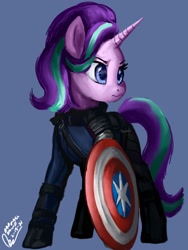 Size: 1536x2048 | Tagged: safe, artist:raphaeldavid, imported from derpibooru, starlight glimmer, pony, unicorn, armor, captain america, clothes, crossover, marvel, shield, solo, winter soldier