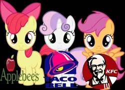 Size: 960x690 | Tagged: safe, imported from derpibooru, apple bloom, scootaloo, sweetie belle, earth pony, pegasus, pony, unicorn, applebee's, black background, cutie mark crusaders, exploitable meme, female, filly, foal, kfc, meme, scootachicken, simple background, taco bell, trio