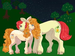 Size: 1024x768 | Tagged: safe, artist:rainydayjitters, imported from derpibooru, bright mac, pear butter, pony, apple, apple tree, brightbutter, female, male, night, pear tree, shipping, stars, straight, tree