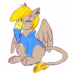 Size: 1866x1911 | Tagged: safe, artist:lbrcloud, artist:littleblackraencloud, imported from derpibooru, oc, oc only, oc:pad, griffon, angry, clothes, colored sketch, cross-popping veins, facepalm, griffon oc, hoodie, solo