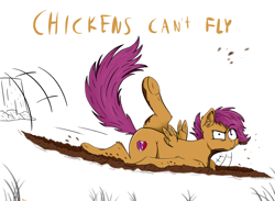 Size: 1024x751 | Tagged: safe, artist:rapid9, imported from derpibooru, scootaloo, pegasus, pony, female, jumping, mud, raised hoof, scootachicken, scootacrash, scootaloo can't fly, shrunken pupils, simple background, underhoof, white background