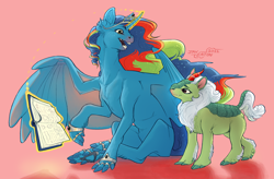 Size: 2048x1347 | Tagged: safe, artist:jayrockin, imported from derpibooru, oc, oc only, alicorn, kirin, pony, tiny sapient ungulates, alicorn oc, book, bracelet, butt fluff, chest fluff, curved horn, cute, ear fluff, fangs, fluffy, freckles, hoof fluff, horn, jewelry, leg fluff, levitation, looking back, magic, ocbetes, open mouth, pink background, realistic, ring, simple background, sitting, smiling, spread wings, telekinesis, tiara, wings