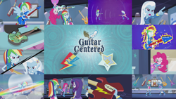 Size: 1978x1113 | Tagged: safe, edit, edited screencap, editor:quoterific, imported from derpibooru, screencap, pinkie pie, rainbow dash, rarity, trixie, equestria girls, guitar centered, angry, broken, duo, duo female, electric guitar, eyes closed, female, glowing eyes, guitar, musical instrument, open mouth, pointing, ponied up, solo, sonic rainboom, teeth, trio, trio female