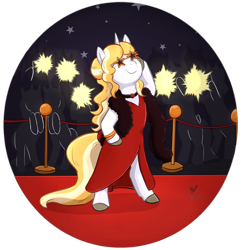 Size: 1024x1062 | Tagged: safe, artist:foxhatart, imported from derpibooru, oc, oc only, oc:marigold (foxhatart), pony, unicorn, bipedal, clothes, dress, female, mare, solo
