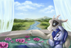 Size: 3232x2171 | Tagged: safe, artist:elisdoominika, imported from derpibooru, oc, oc:muffinkarton, goat, pony, unicorn, bathing, chillaxing, cloud, cuddling, curtains, eyes closed, flower, goat oc, looking at each other, relaxing, river, rose, scenery, sky, smiling, snuggling, water