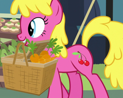 Size: 1640x1315 | Tagged: safe, imported from derpibooru, screencap, cherry berry, earth pony, pony, she talks to angel, background pony, basket, carrot, cropped, female, food, mare, mouth hold, solo, walking, wrong eye color