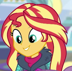 Size: 307x301 | Tagged: safe, edited screencap, imported from derpibooru, screencap, sunset shimmer, equestria girls, equestria girls series, holidays unwrapped, spoiler:eqg series (season 2), cropped, female, smiling, solo focus, winter break-in