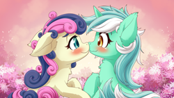 Size: 3550x2000 | Tagged: safe, artist:symbianl, imported from derpibooru, bon bon, lyra heartstrings, sweetie drops, earth pony, pony, unicorn, adorabon, blushing, chest fluff, cute, female, floppy ears, imminent kissing, lesbian, looking at each other, lyrabetes, lyrabon, mare, remake, shipping, smiling