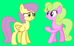 Size: 853x532 | Tagged: safe, artist:katliynrusshia, artist:maddieadopts, imported from derpibooru, daisy, flower wishes, parasol, earth pony, pegasus, pony, adaisable, background pony, base used, blank flank, buddies, cute, daisol, duo, duo female, female, folded wings, friends, g4, green background, grin, lesbian, mare, narrowed eyes, paracute, shipping, showers (character), simple background, smiling, wings