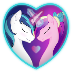 Size: 5000x5008 | Tagged: safe, artist:negatif22, imported from derpibooru, princess cadance, shining armor, alicorn, pony, unicorn, alicorn magic, beautiful, blushing, bow, crossed horns, eyelashes, eyes closed, female, floating heart, hair bow, heart, heart shaped, holiday, horn, horns are touching, love, magic, magic aura, male, mare, ponytail, stallion, unicorn magic, valentine's day