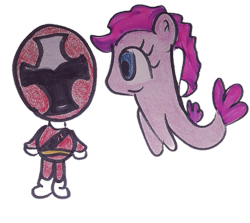 Size: 529x472 | Tagged: safe, artist:dex stewart, imported from derpibooru, pinkie pie, earth pony, human, pony, seapony (g4), brody, power rangers, power rangers ninja steel, red ranger, seaponified, seapony pinkie pie, shuriken sentai ninninger, simple background, species swap, strong bad, strongbad, traditional art