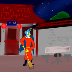 Size: 800x800 | Tagged: safe, artist:horsesplease, imported from derpibooru, gallus, anthro, griffon, chinese, chinese new year, clothes, night, rabydosverse, robes, siangwaan, solo, stars, sweeping, temple, tree