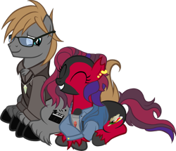 Size: 1265x1090 | Tagged: safe, artist:theeditormlp, imported from derpibooru, oc, oc:crimson glow, oc:the editor, earth pony, pony, clothes, female, glasses, jacket, lying down, male, mare, prone, shirt, simple background, stallion, transparent background