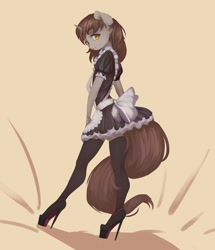 Size: 1032x1200 | Tagged: safe, artist:qweeli, imported from derpibooru, oc, oc only, oc:silver bubbles, anthro, plantigrade anthro, unicorn, apron, bow, clothes, crossdressing, embarrassed, femboy, high heels, looking at you, looking sideways, looking to side, maid, male, platform heels, shoes, sissy, socks, stiletto heels, thigh highs, zettai ryouiki