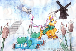 Size: 1200x819 | Tagged: safe, artist:genolover, imported from derpibooru, oc, oc:ember, oc:ember (hwcon), oc:glace (hwcon), hearth's warming con, ice skating, netherlands, tulip, windmill