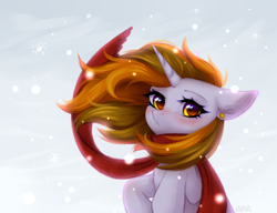 Size: 2600x2000 | Tagged: safe, artist:avrameow, imported from derpibooru, oc, oc only, oc:aurora shinespark, pony, unicorn, blushing, clothes, commission, ear piercing, earring, jewelry, looking at you, piercing, scarf, snow, snowfall, solo, ych result