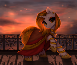 Size: 2600x2200 | Tagged: safe, artist:avrameow, imported from derpibooru, oc, oc only, oc:aurora shinespark, pony, unicorn, city, cityscape, clasp, clothes, dress, ear piercing, earring, jewelry, leg rings, looking at you, piercing, shoes, sunset