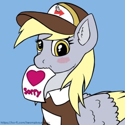 Size: 1000x1000 | Tagged: safe, artist:redquoz, imported from derpibooru, derpy hooves, pegasus, pony, alternate design, baseball cap, blue background, blushing, cap, clothes, derp, ear fluff, female, hat, heart, hearts and hooves day, holiday, looking at you, mailmare, mare, mouth hold, nom, shirt, simple background, solo, text, two toned wings, uniform, url, valentine's day, wings, yellow mane