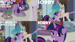 Size: 1986x1117 | Tagged: safe, edit, edited screencap, editor:quoterific, imported from derpibooru, screencap, princess celestia, spike, twilight sparkle, alicorn, dragon, pony, princess twilight sparkle (episode), season 4, book, duo, duo female, female, grin, gritted teeth, male, nervous, nervous grin, smiling, solo, teeth, trio, twilight sparkle (alicorn)