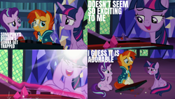 Size: 1986x1117 | Tagged: safe, edit, edited screencap, editor:quoterific, imported from derpibooru, screencap, starlight glimmer, sunburst, twilight sparkle, alicorn, pony, unicorn, season 7, uncommon bond, blushing, board game, dice, dragon pit, eyes closed, female, glasses, glowing horn, gritted teeth, horn, magic, magic aura, male, multiple characters, open mouth, sitting, solo, teeth, trio, twilight sparkle (alicorn), twilight's castle