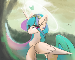 Size: 4523x3650 | Tagged: safe, artist:therealf1rebird, imported from derpibooru, princess celestia, alicorn, butterfly, pony, chest fluff, eye clipping through hair, female, flower, flower in hair, forest, horn, looking back, mare, raised hoof, solo, wings