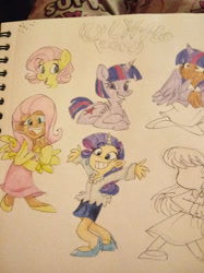 Size: 1280x1707 | Tagged: safe, artist:mirabuncupcakes15, imported from derpibooru, fluttershy, octavia melody, rarity, twilight sparkle, alicorn, human, pegasus, pony, alicorn humanization, alternate hairstyle, bowtie, clothes, coat, dark skin, female, flats, grin, horn, horned humanization, humanized, open mouth, shirt, shoes, sketch, skirt, smiling, traditional art, twilight sparkle (alicorn), winged humanization, wings