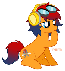 Size: 1109x1200 | Tagged: safe, artist:jennieoo, imported from derpibooru, oc, oc only, oc:electric swing, earth pony, pony, goggles, headphones, show accurate, simple background, sitting, solo, thinking, transparent background, vector