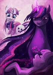 Size: 1800x2546 | Tagged: safe, artist:escapist, artist:weird--fish, imported from derpibooru, twilight sparkle, twilight velvet, alicorn, pony, unicorn, the last problem, collaboration, feels, female, filly, filly twilight sparkle, glasses, magic, mother and child, mother and daughter, older, older twilight, princess twilight 2.0, telekinesis, twilight sparkle (alicorn), younger