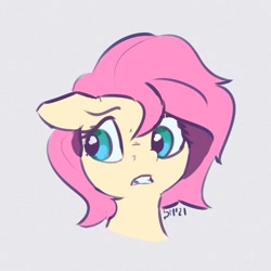 Size: 917x918 | Tagged: safe, artist:drafthoof, imported from derpibooru, fluttershy, pony, alternate hairstyle, bust, disgusted, female, floppy ears, gritted teeth, head, looking away, looking sideways, mare, portrait, short mane, simple background, solo