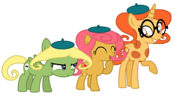 Size: 1280x720 | Tagged: safe, artist:media1997, imported from derpibooru, earth pony, pegasus, pony, unicorn, base used, blonde mane, camp lazlo, cute, eyes closed, female, females only, glasses, gretchen (camp lazlo), nina (camp lazlo), orange mane, patsy (camp lazlo), pink mane, ponified, simple background, trio, trio female