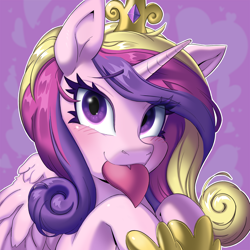Size: 3000x3000 | Tagged: safe, artist:porcelanowyokular, imported from derpibooru, princess cadance, alicorn, pony, blushing, bust, crown, cute, cute little fangs, cutedance, fangs, female, heart, high res, holiday, jewelry, mare, mouth hold, regalia, smiling, solo, valentine's day