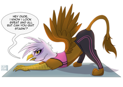 Size: 3755x2661 | Tagged: safe, artist:alicetriestodraw, imported from derpibooru, gilda, griffon, annoyed, aside glance, clothes, face down ass up, female, gym, gym uniform, looking at you, midriff, side glance, solo, speech bubble, sports bra, stretching, talking to viewer