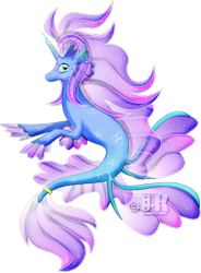 Size: 2103x2852 | Tagged: safe, artist:jotakaanimation, imported from derpibooru, oc, oc only, hippocampus, hybrid, merpony, seapony (g4), blue eyes, clothes, dorsal fin, fin wings, fins, fish tail, flowing mane, flowing tail, gem, glow, glowing, glowing horn, horn, logo, long horn, see-through, simple background, smiling, solo, sparkles, tail, transparent background, vector, wings