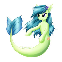 Size: 1500x1500 | Tagged: safe, artist:kotezio, imported from derpibooru, oc, oc only, hybrid, merpony, starfish, colored pupils, female, fish tail, flowing mane, flowing tail, green mane, purple eyes, seashell, shell, simple background, smiling, solo, tail, transparent background