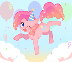 Size: 1155x1000 | Tagged: safe, artist:yukiha_321, imported from derpibooru, pinkie pie, earth pony, pony, balloon, colored pupils, confetti, cute, diapinkes, female, hat, looking at you, mare, one eye closed, open mouth, party hat, pixiv, solo, wink